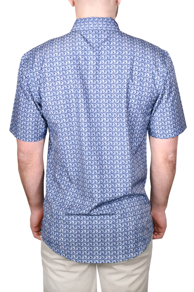 Printed Short Sleeve Woven Shirt, Navy Fish