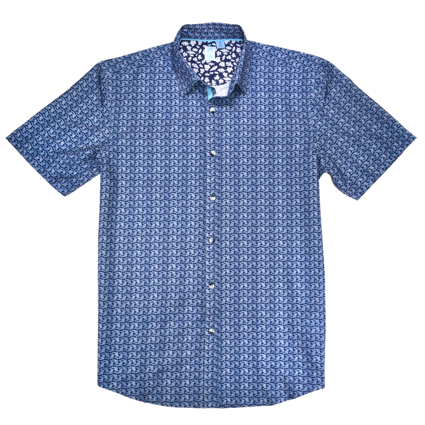 Printed Short Sleeve Woven Shirt, Navy Fish