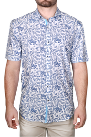 Printed Short Sleeve Woven Shirt, Blue Feather