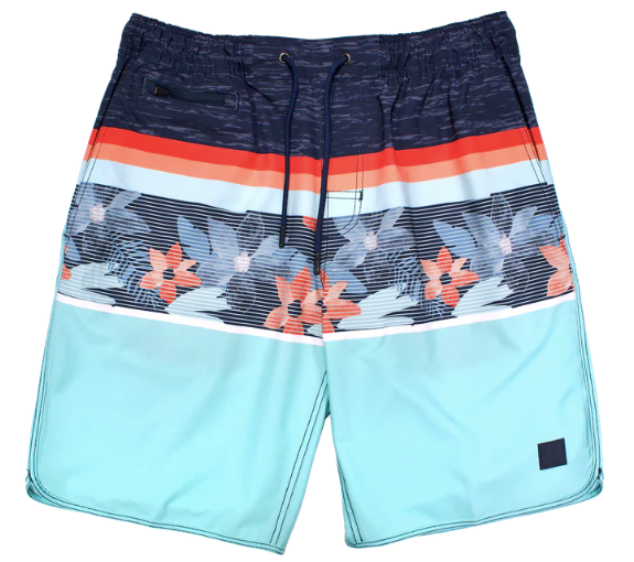Striped windjammer shorts in shades of blue and coral with a drawstring.