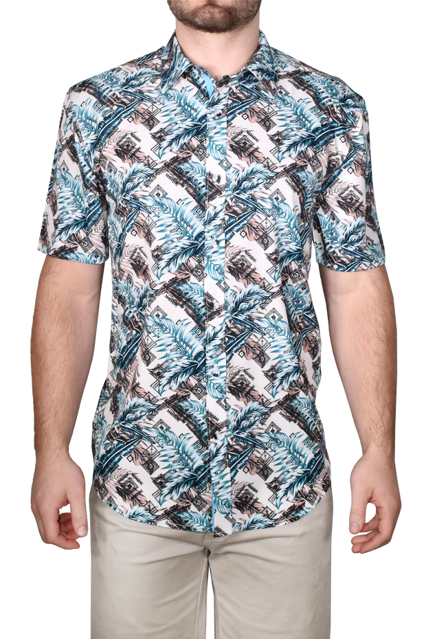 Printed Short Sleeve Woven Shirt, Blue Palm