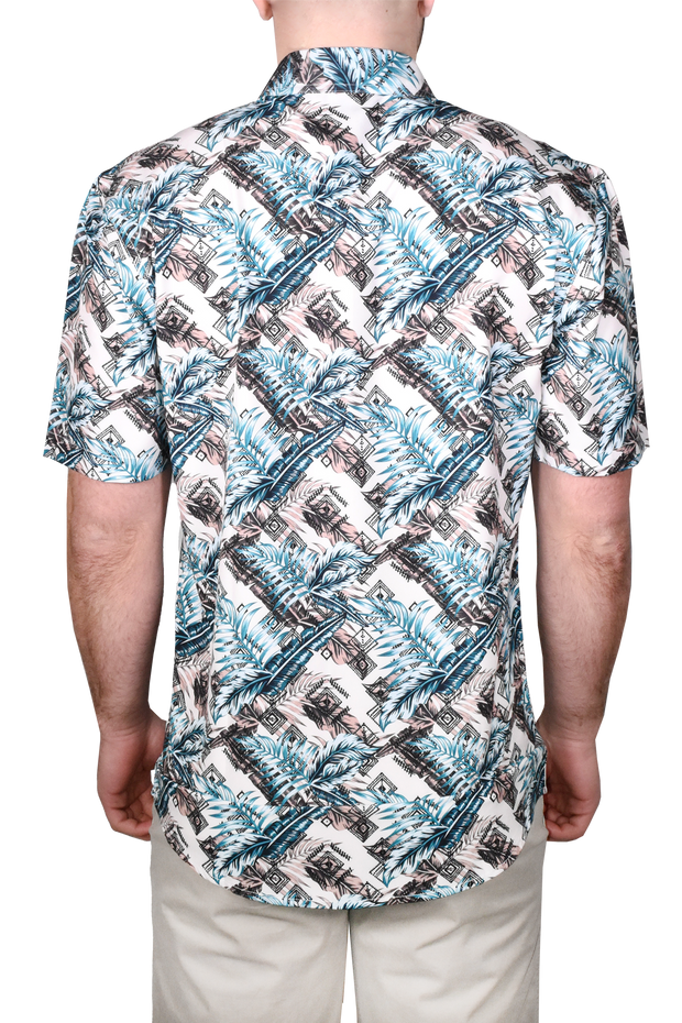 Printed Short Sleeve Woven Shirt, Blue Palm