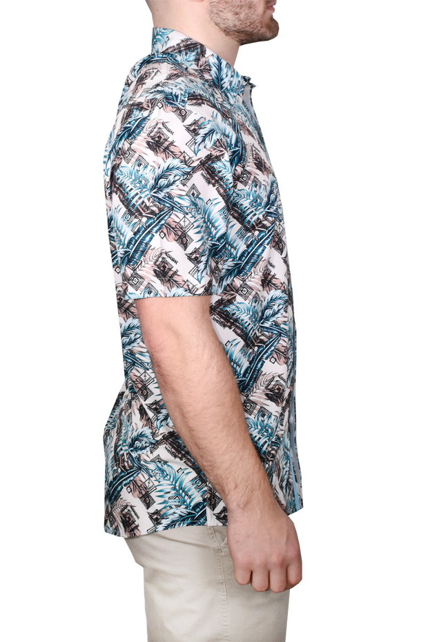 Printed Short Sleeve Woven Shirt, Blue Palm