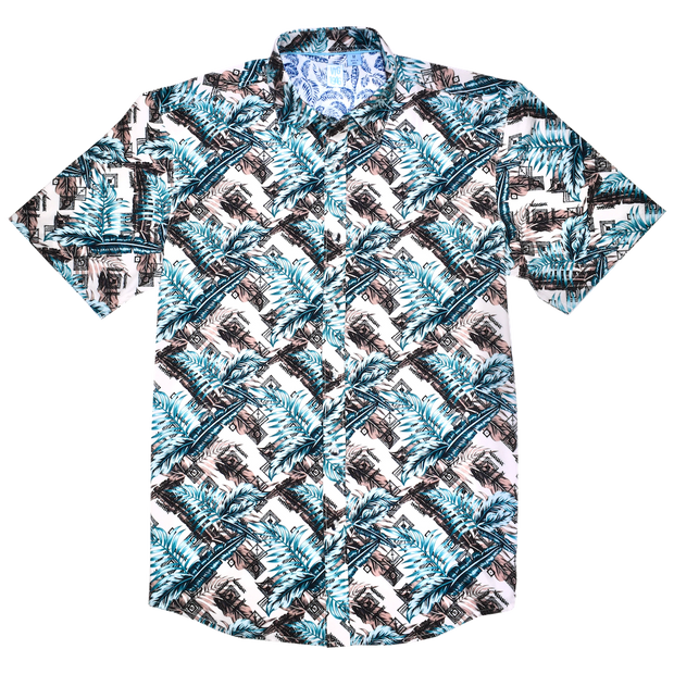 Printed Short Sleeve Woven Shirt, Blue Palm