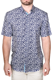 Printed Short Sleeve Woven Shirt, Navy Leaves