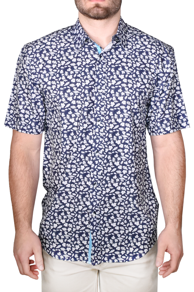 Printed Short Sleeve Woven Shirt, Navy Leaves