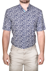 Printed Short Sleeve Woven Shirt, Navy Leaves