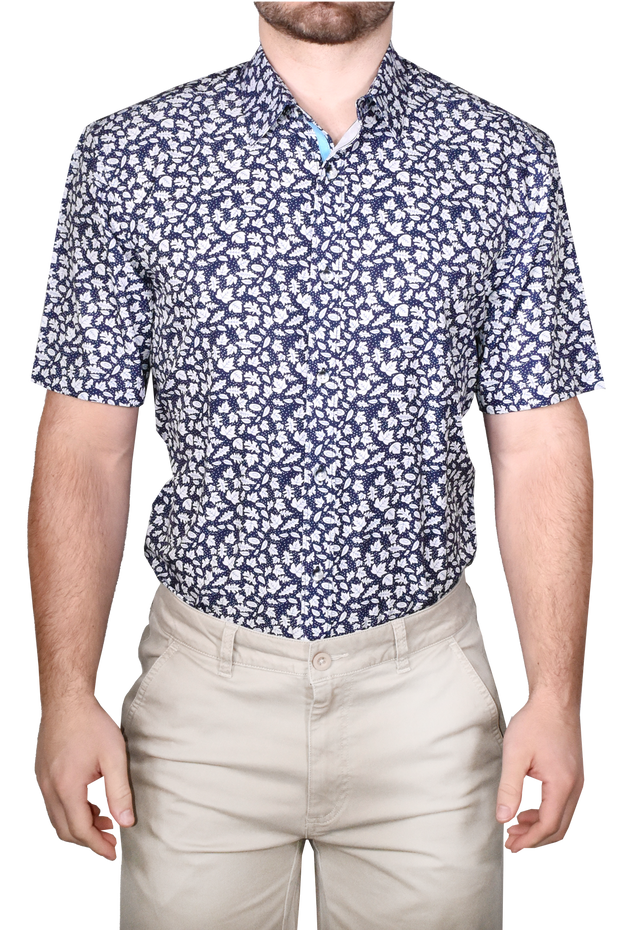 Printed Short Sleeve Woven Shirt, Navy Leaves