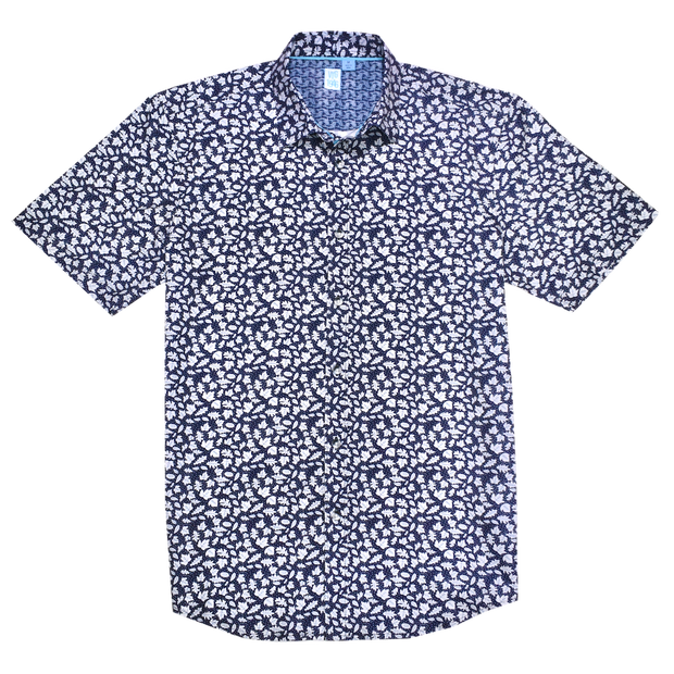 Printed Short Sleeve Woven Shirt, Navy Leaves