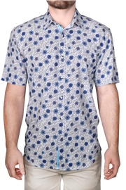 Printed Short Sleeve Woven Shirt, Blue Spirals