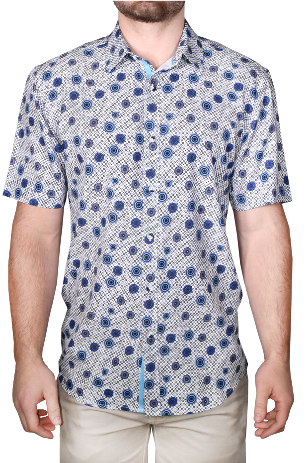 Printed Short Sleeve Woven Shirt, Blue Spirals