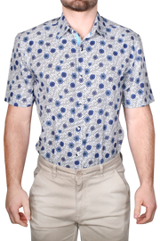 Printed Short Sleeve Woven Shirt, Blue Spirals