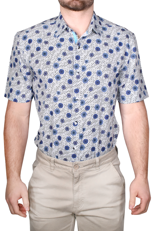 Printed Short Sleeve Woven Shirt, Blue Spirals