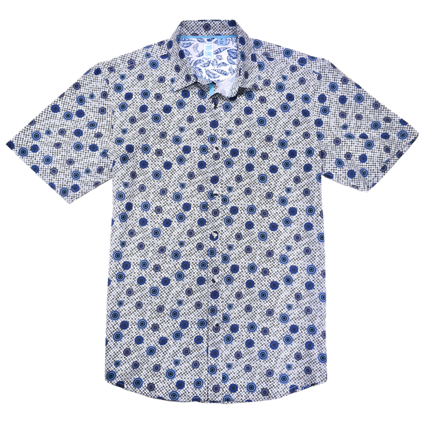 Printed Short Sleeve Woven Shirt, Blue Spirals