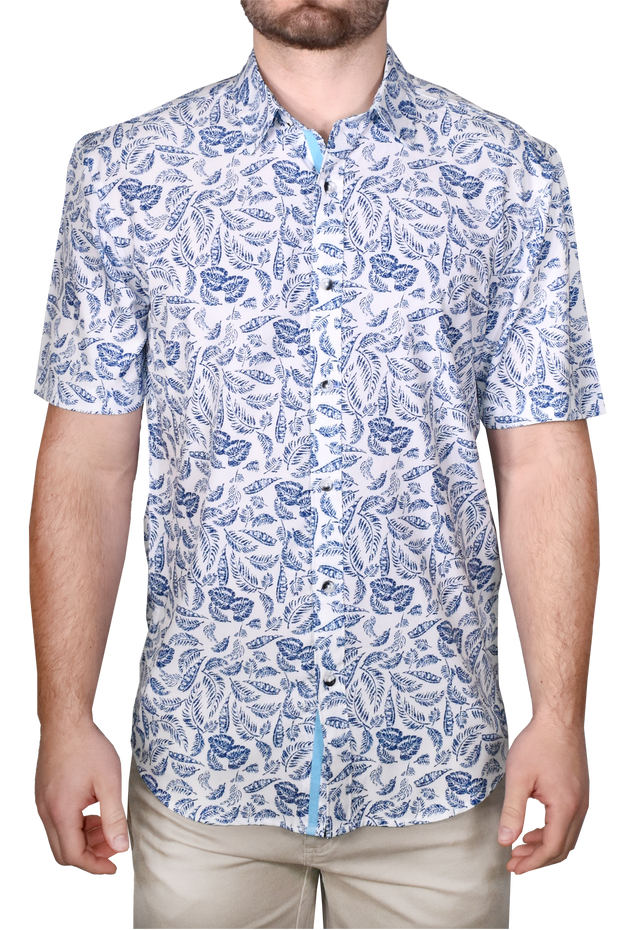 Printed Short Sleeve Woven Shirt, Blue Feather