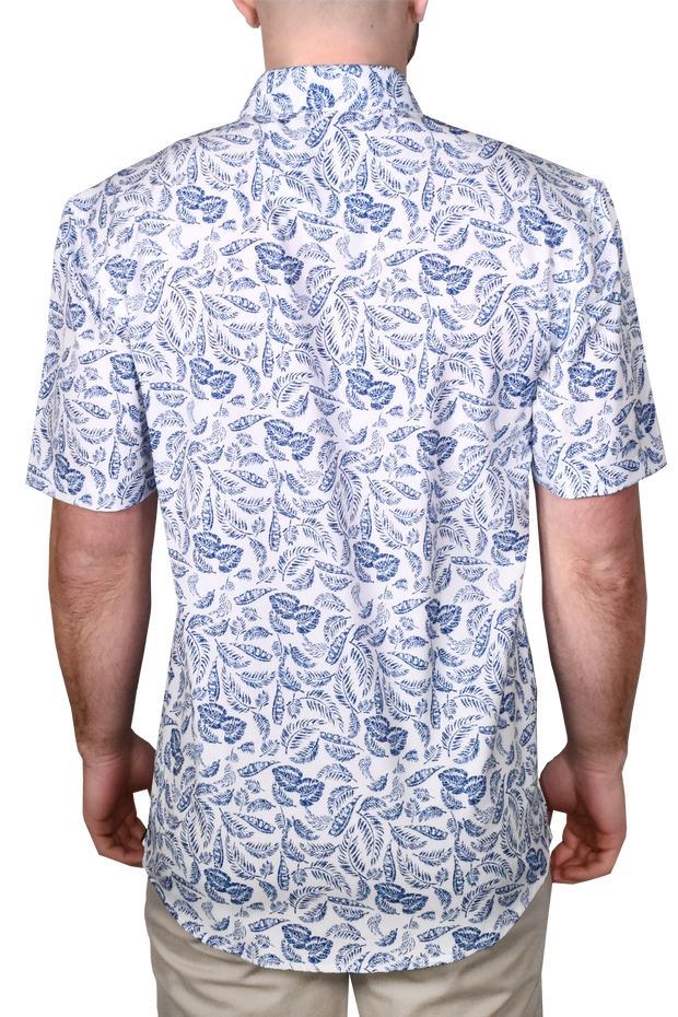 Printed Short Sleeve Woven Shirt, Blue Feather