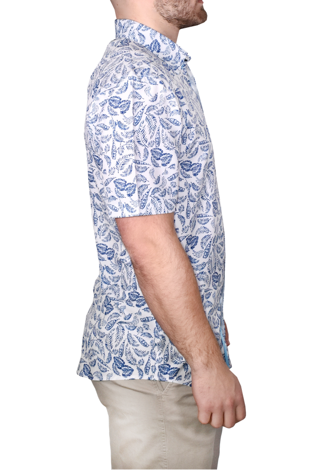 Printed Short Sleeve Woven Shirt, Blue Feather