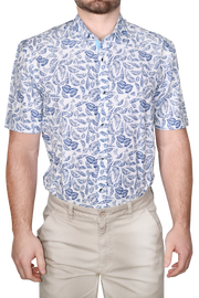 Printed Short Sleeve Woven Shirt, Blue Feather