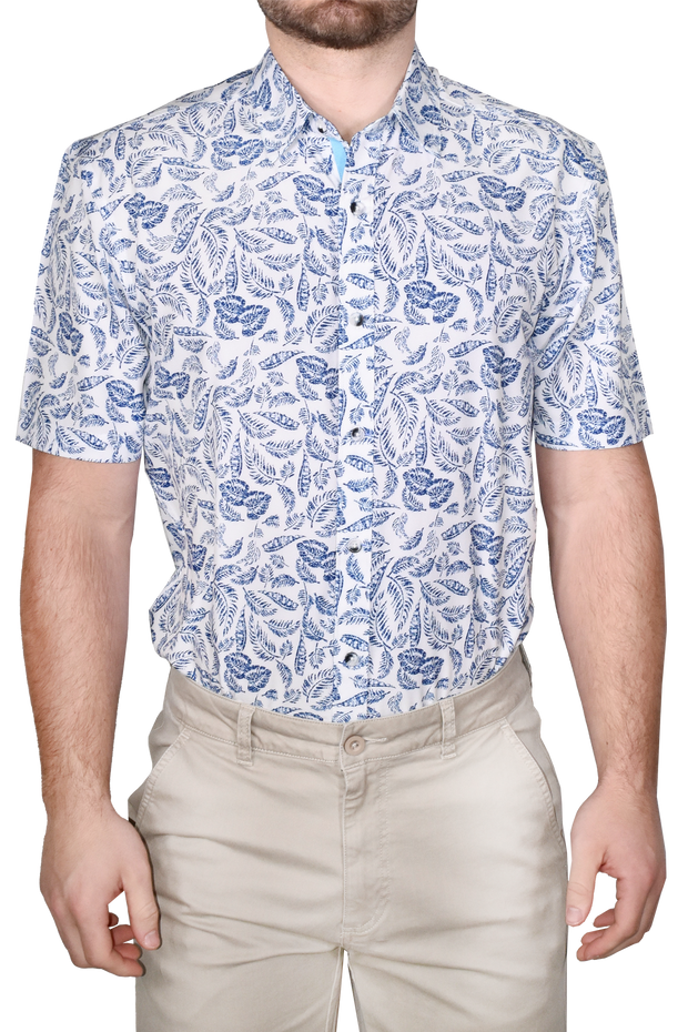 Printed Short Sleeve Woven Shirt, Blue Feather