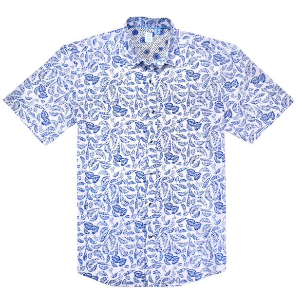 Printed Short Sleeve Woven Shirt, Blue Feather