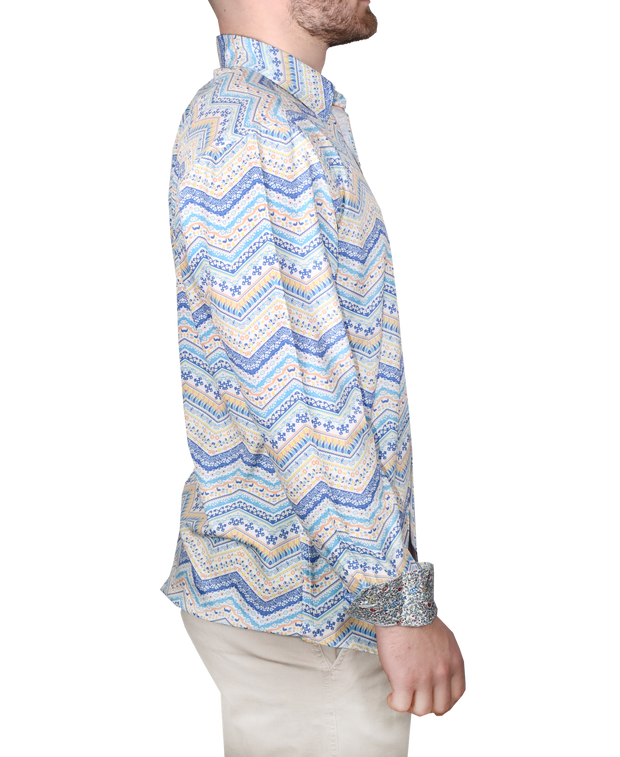 Printed Long Sleeve Woven Shirt, Turq Blue