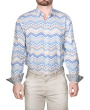 Printed Long Sleeve Woven Shirt, Turq Blue