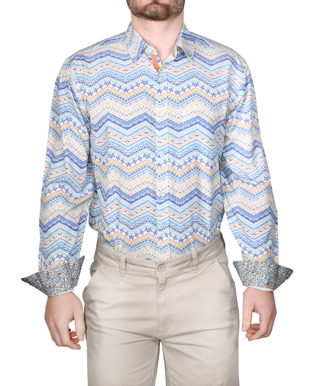 Printed Long Sleeve Woven Shirt, Turq Blue