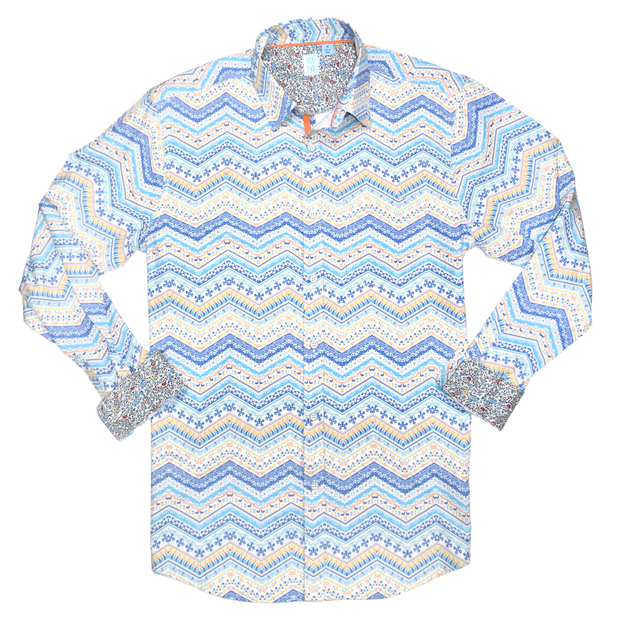 Printed Long Sleeve Woven Shirt, Turq Blue