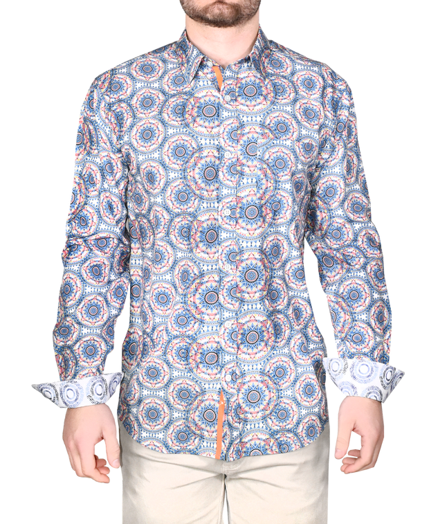 Printed Long Sleeve Woven Shirt, Navy Spirals