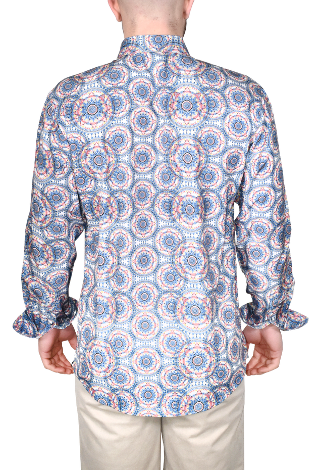 Printed Long Sleeve Woven Shirt, Navy Spirals