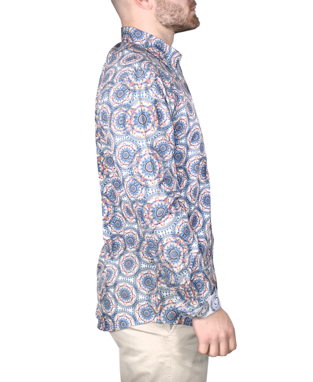 Printed Long Sleeve Woven Shirt, Navy Spirals