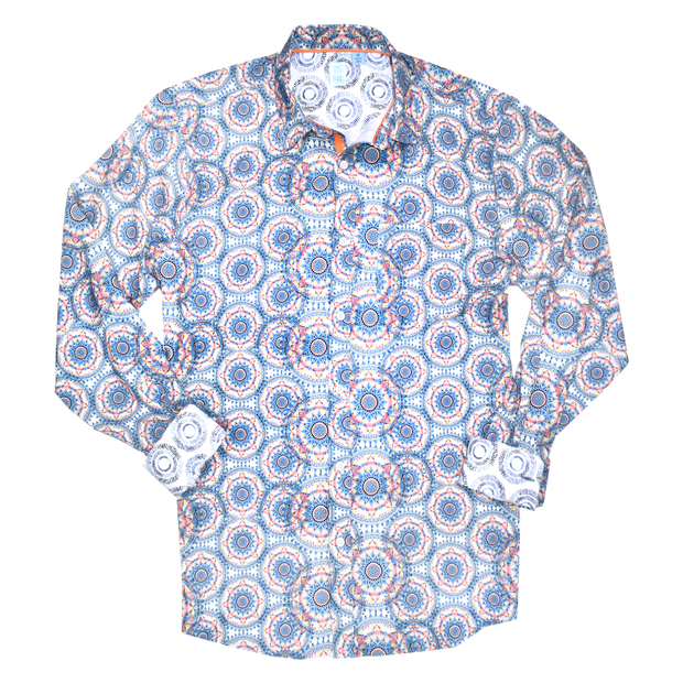 Printed Long Sleeve Woven Shirt, Navy Spirals