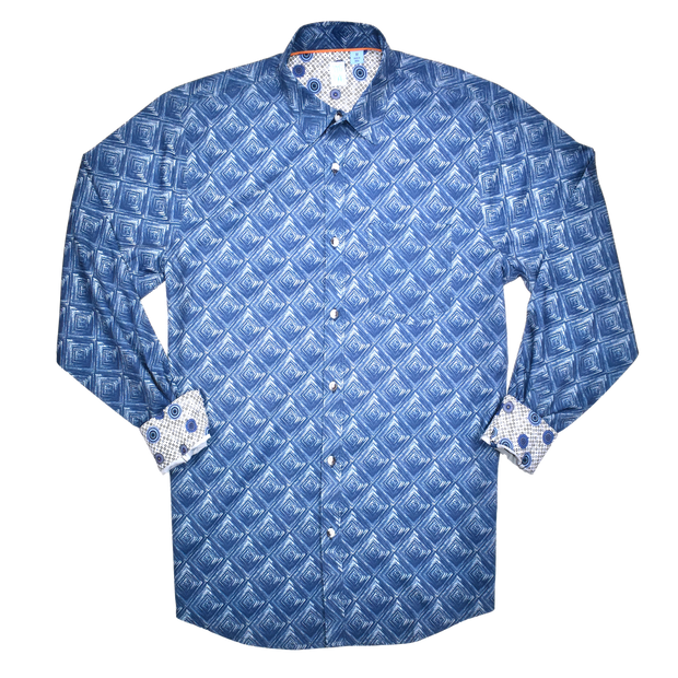 Printed Long Sleeve Woven Shirt, Navy Diamonds