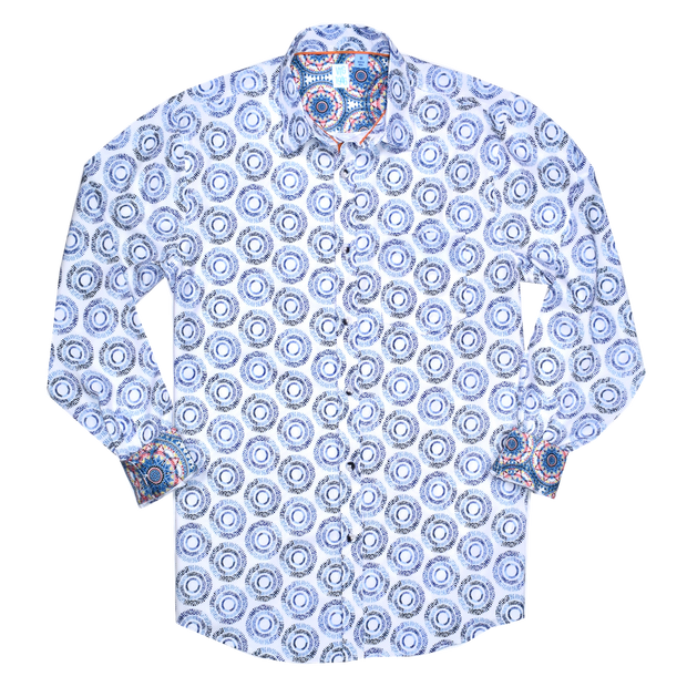 Printed Long Sleeve Woven Shirt, Blue Circles